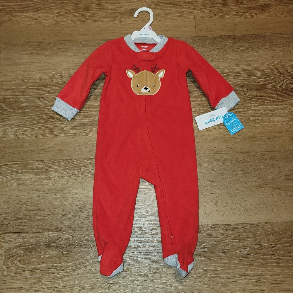 Carters 1-Piece Red Reindeer Sleeper Pajamas Size 9 Months New